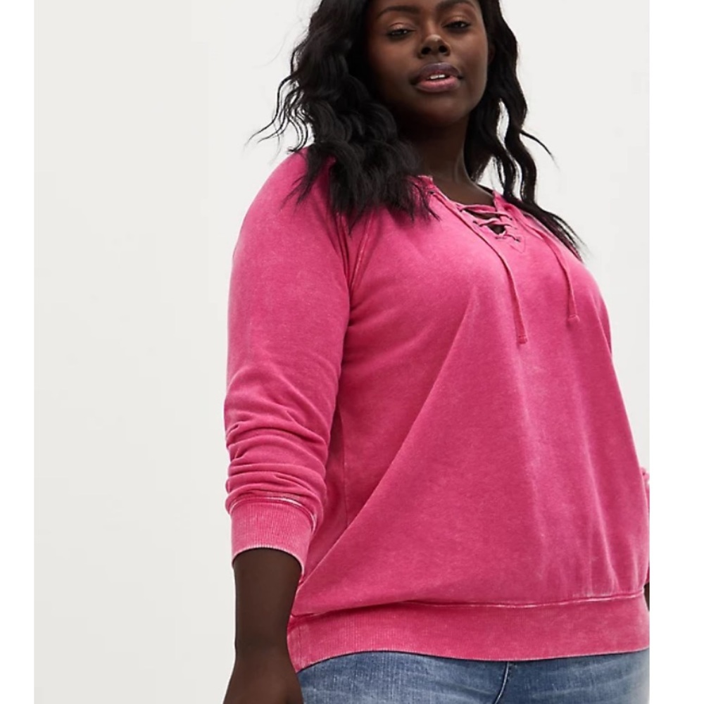 Torrid 00x Neon Pink Lace-Up Tunic Sweatshirt NWT - Picture 3 of 8
